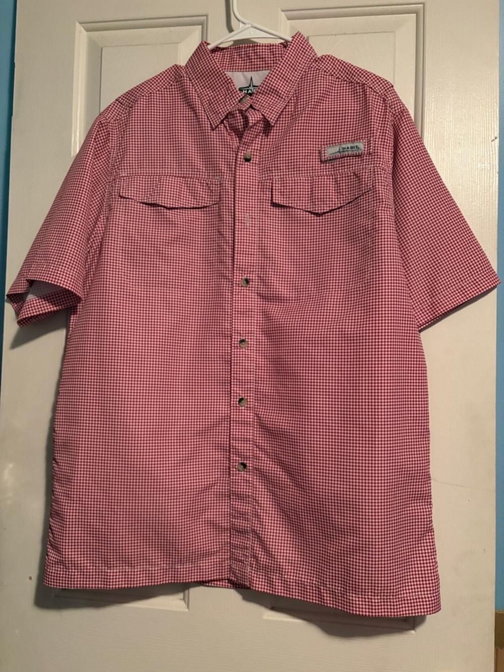Habit Fourche Mountain Men’s  Short Sleeve Med Red & White Check Button-Up Shirt
